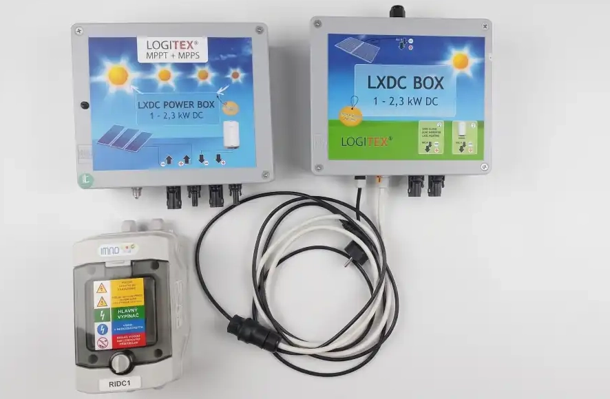 Komponenty systému Logitex — LXDC Power Box s MPPT, LXDC Box 1–2,3 kW DC a poistkový odpojovač RIDC1