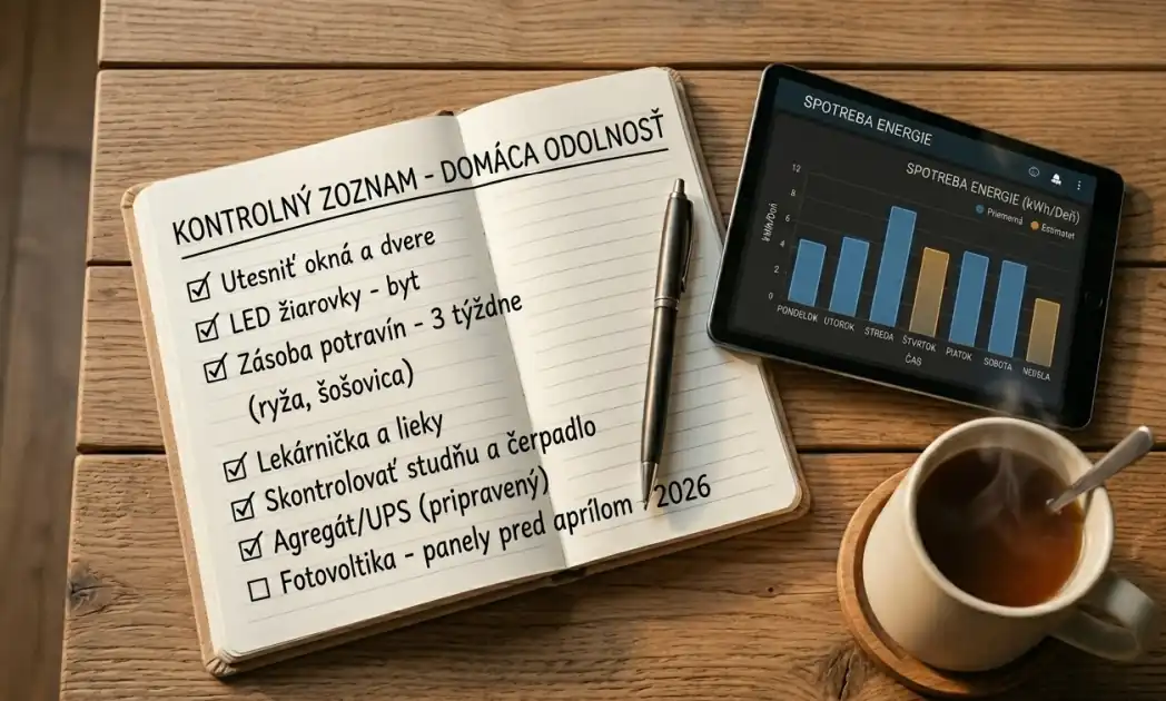Kontrolný zoznam domácej odolnosti v poznámkovom bloku vedľa tabletu so spotrebou energie