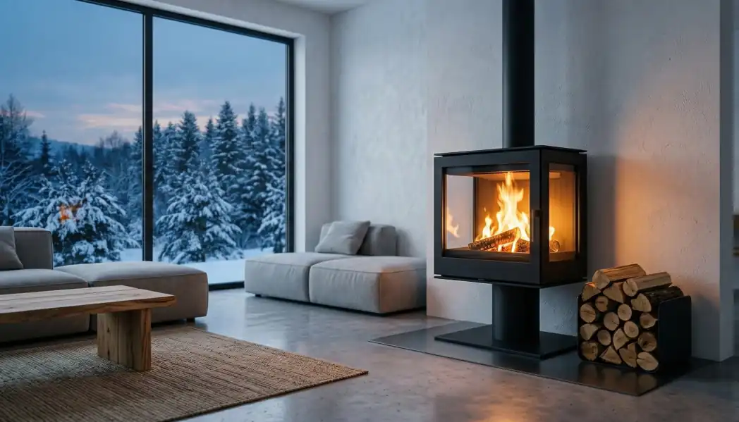 Moderný minimalistický interiér obývačky s dizajnovou krbovou vložkou a výhľadom na zasneženú krajinu