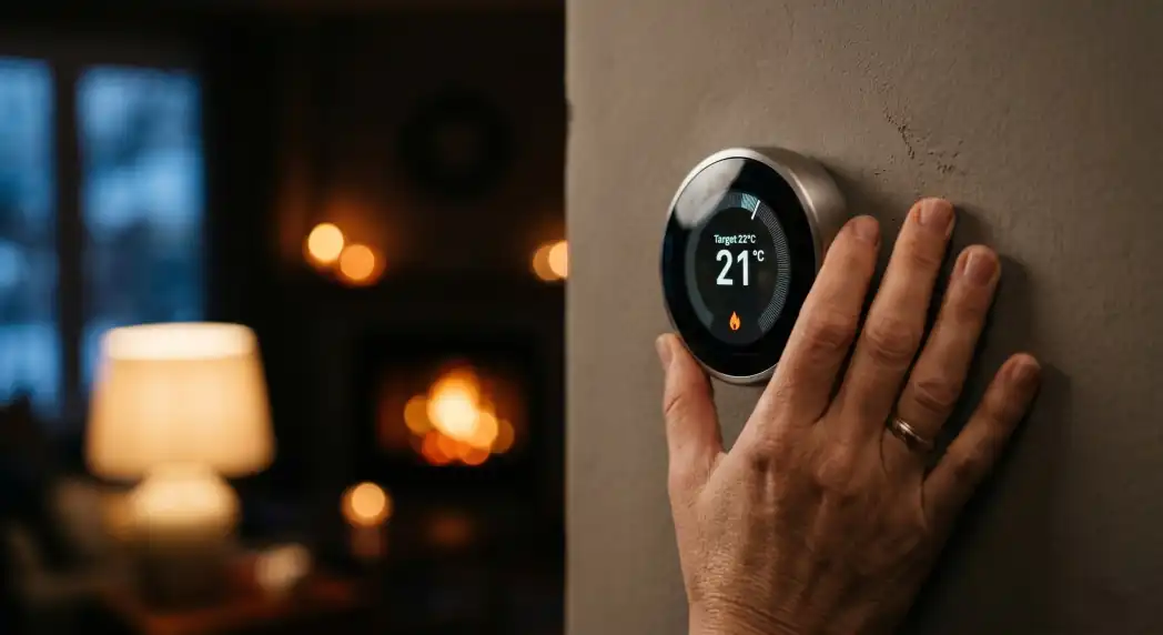 Nastavenie smart termostatu v byte s teplým svetlom domova v pozadí