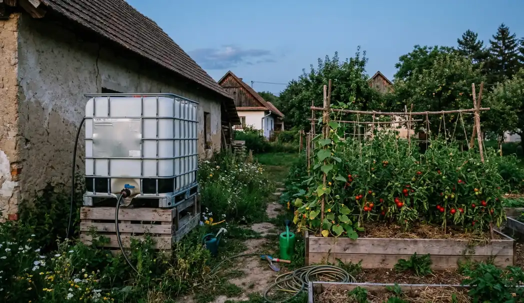 IBC nádoba na zachytávanie dažďovej vody pri dome vedľa záhona s paradajkami